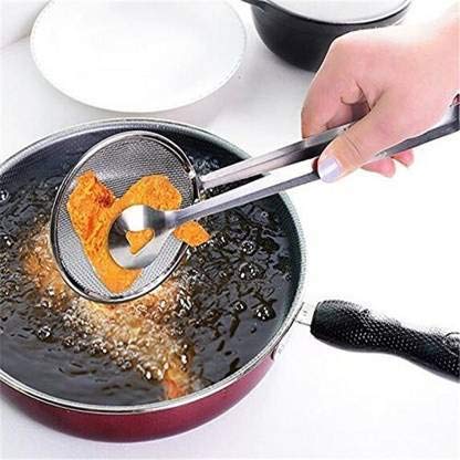 Fry Tool Filter Spoon Strainer with Clip, Oil Frying BBQ Filter Stainless Steel Mesh Strainer Kitchen Tool Collapsible Strainer (Steel Pack of 1)