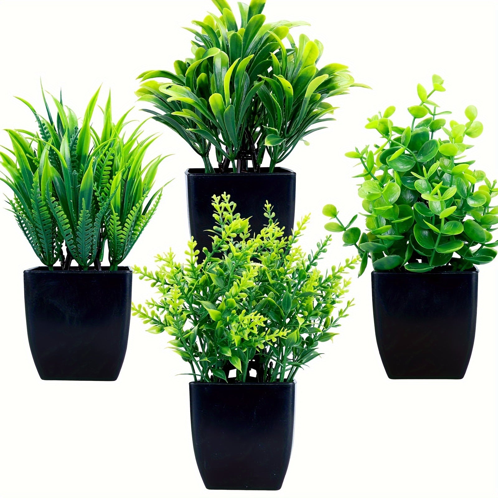 Set of 4 Artificial Plants in Black Pots, Small Faux Eucalyptus Plants, Miniature Greenery for Decorating Indoor Spaces Like Homes, Offices, Farmhouses, And Bathrooms..