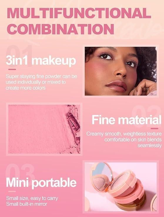 3 in 1 Face Blusher + Highlighter with Mini Compact Travel Friendly Palette : DRC