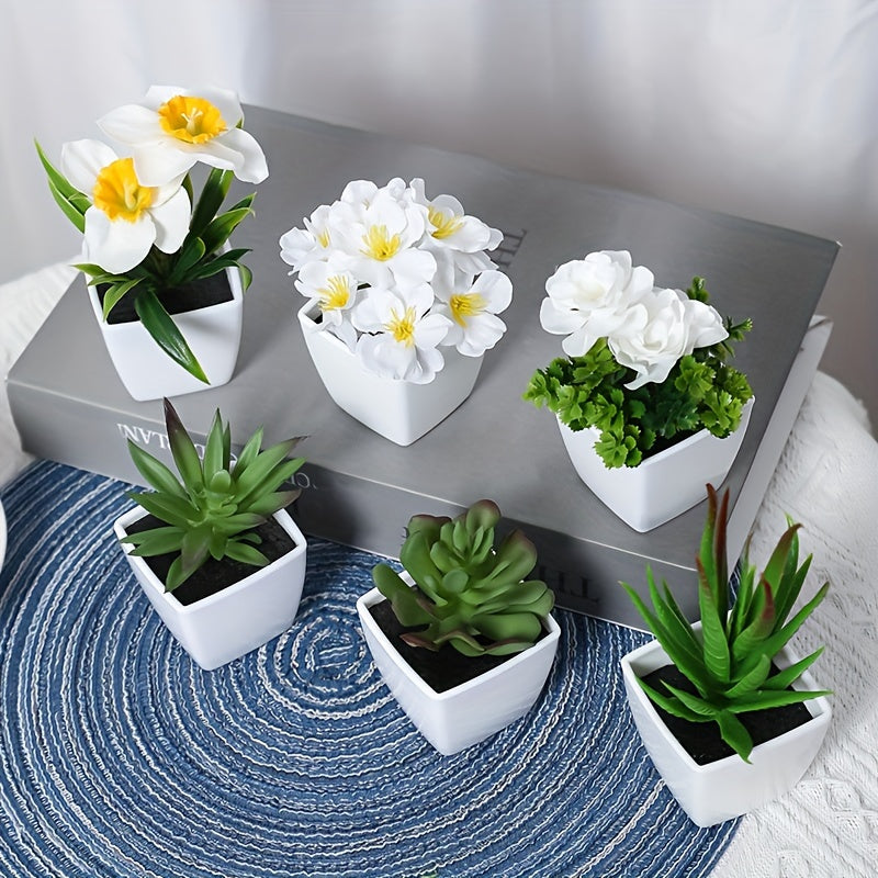 Lifelike Artificial Succulent & Flower Arrangement in White Pots (6 pcs) - Perfect for Home, Office Desk, & Table Centerpieces | Real Touch Mini Faux Plants Set for All Seasons Decor.