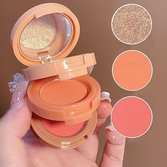 3 in 1 Face Blusher + Highlighter with Mini Compact Travel Friendly Palette : DRC