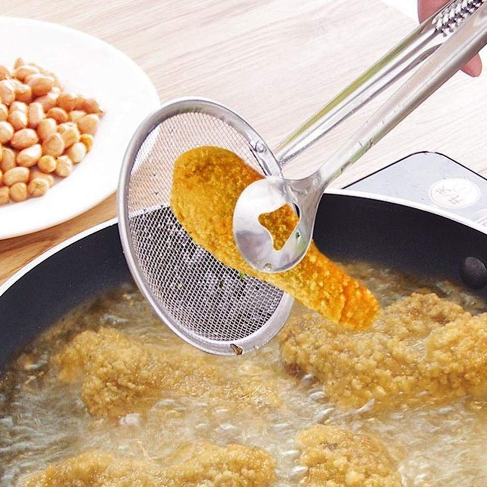 Fry Tool Filter Spoon Strainer with Clip, Oil Frying BBQ Filter Stainless Steel Mesh Strainer Kitchen Tool Collapsible Strainer (Steel Pack of 1)