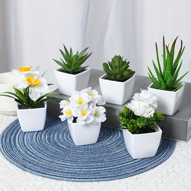Lifelike Artificial Succulent & Flower Arrangement in White Pots (6 pcs) - Perfect for Home, Office Desk, & Table Centerpieces | Real Touch Mini Faux Plants Set for All Seasons Decor.