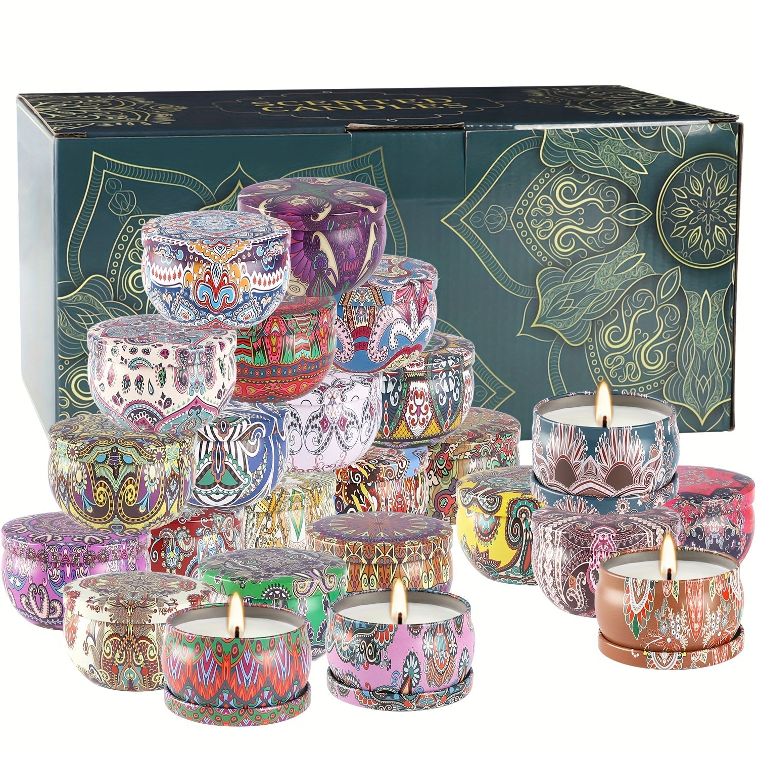 Ethnic Pattern Scented Candles In 1 Box (24 pcs). The Pattern Has The Characteristics Of National Style, Colorful, Beautiful, Extremely Advanced Soybean Wax Candle Gift, Perfect Gift Set, Festival And Holiday Gift Set..