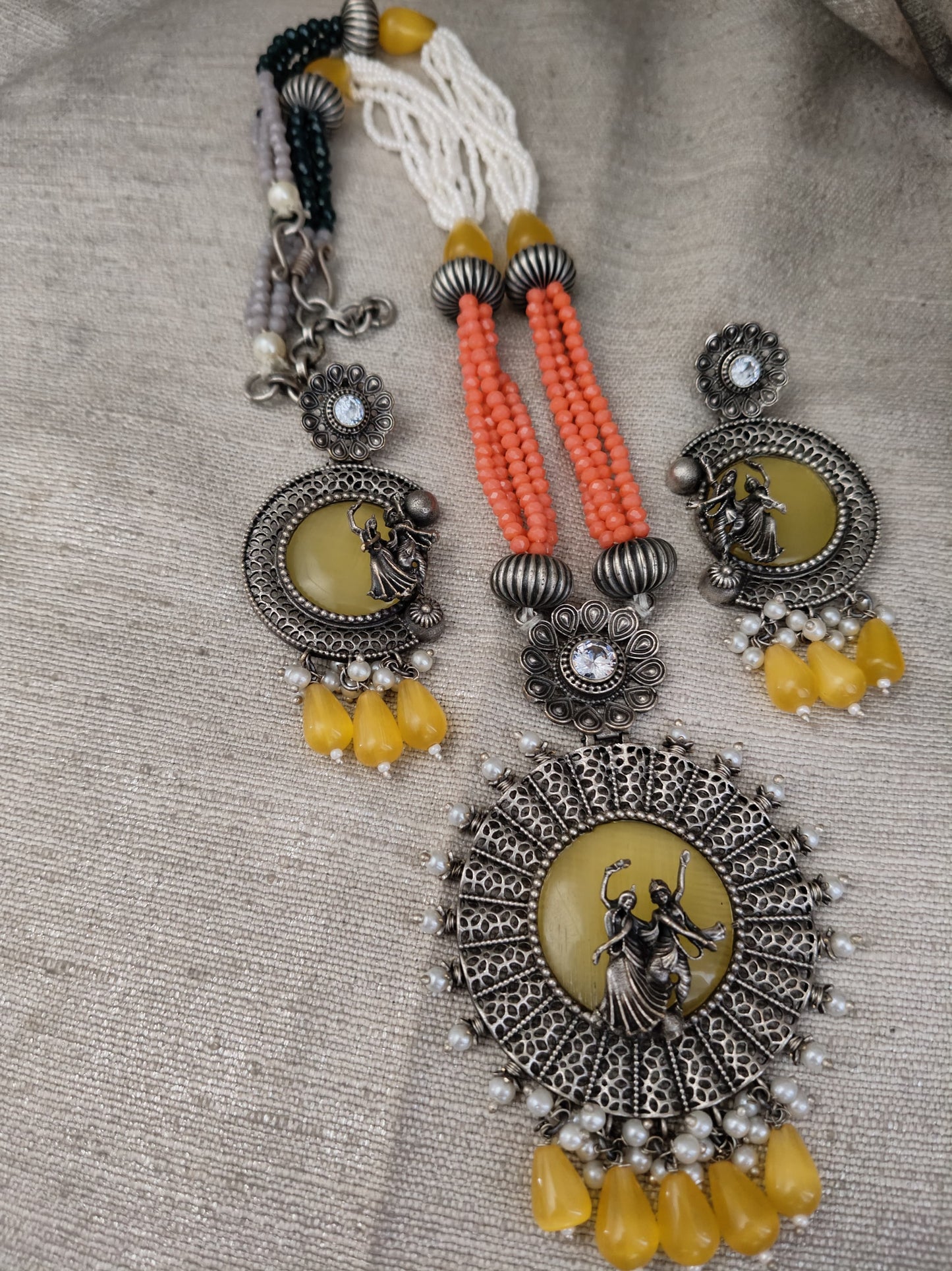 Original Silver Look A Like Radhey Krishna Long Set With Matching Ear Rings - Dokets Shop