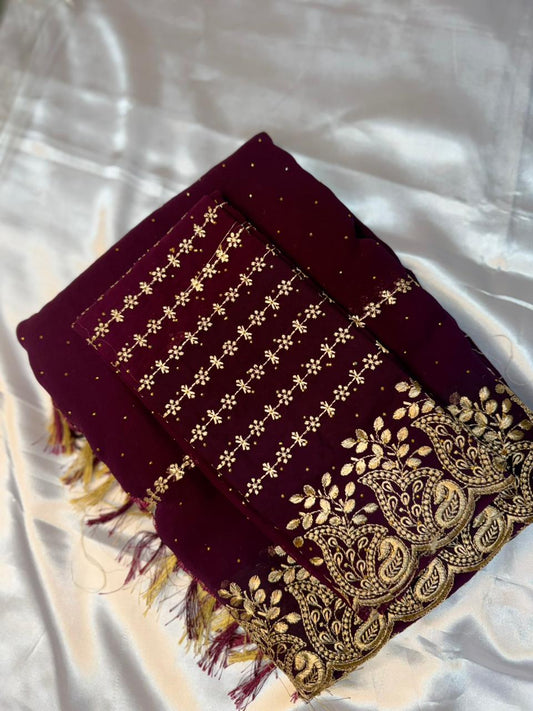 Georgette Embroidery saree with heavy zari border