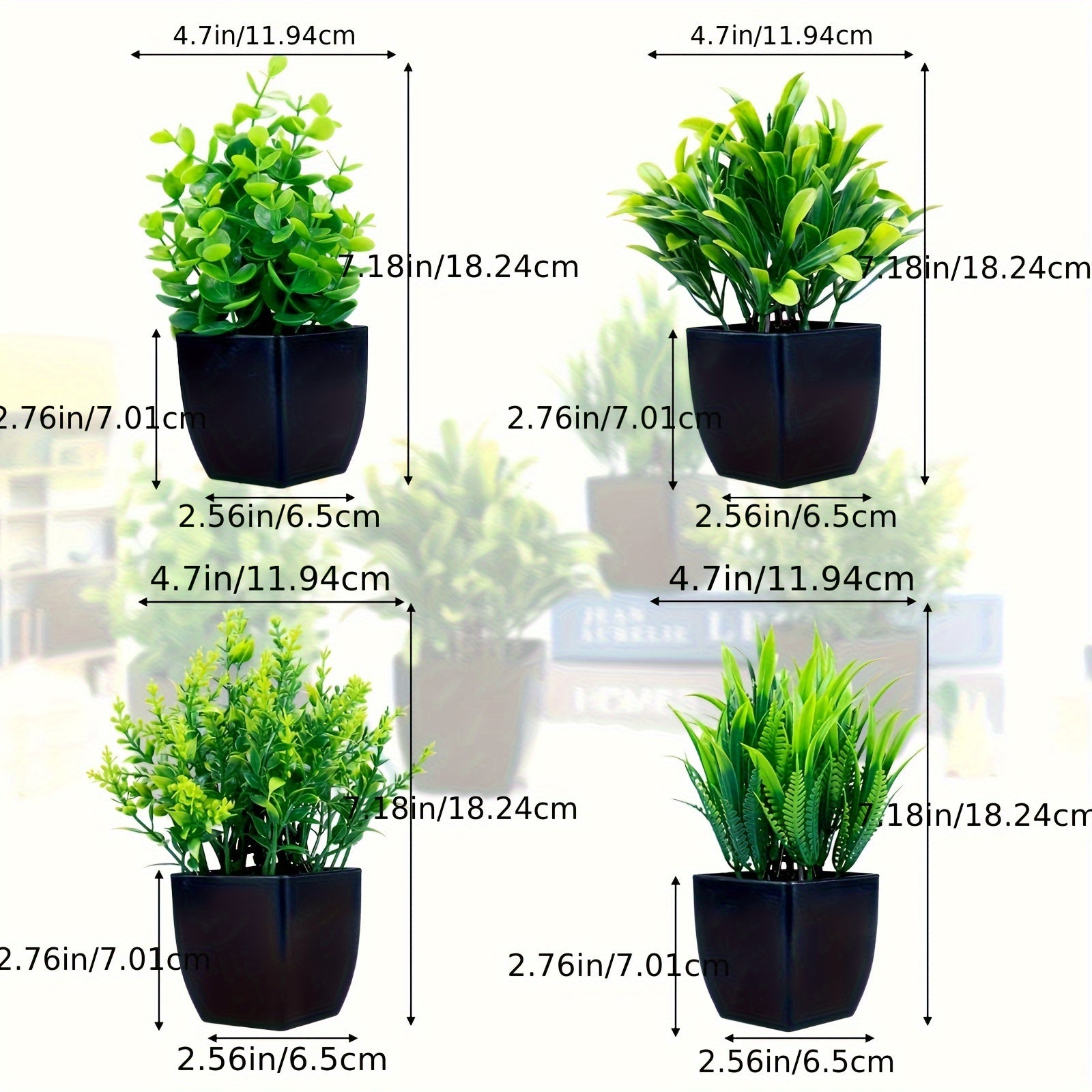 Set of 4 Artificial Plants in Black Pots, Small Faux Eucalyptus Plants, Miniature Greenery for Decorating Indoor Spaces Like Homes, Offices, Farmhouses, And Bathrooms..