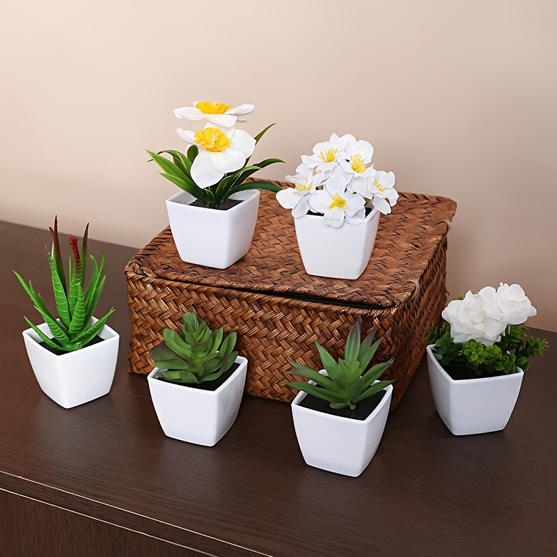 Lifelike Artificial Succulent & Flower Arrangement in White Pots (6 pcs) - Perfect for Home, Office Desk, & Table Centerpieces | Real Touch Mini Faux Plants Set for All Seasons Decor.