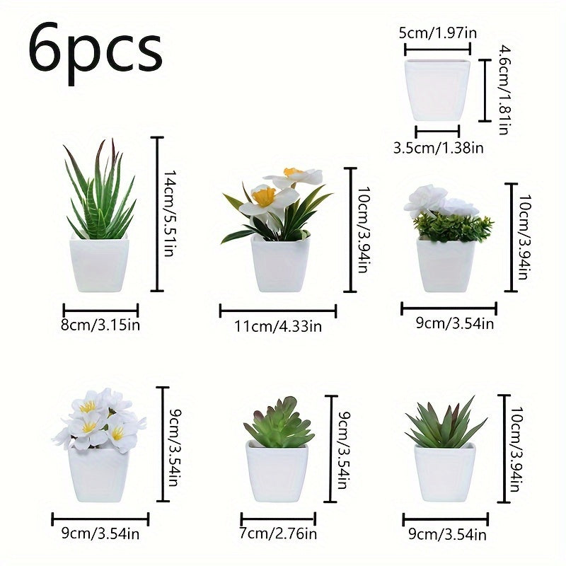 Lifelike Artificial Succulent & Flower Arrangement in White Pots (6 pcs) - Perfect for Home, Office Desk, & Table Centerpieces | Real Touch Mini Faux Plants Set for All Seasons Decor.