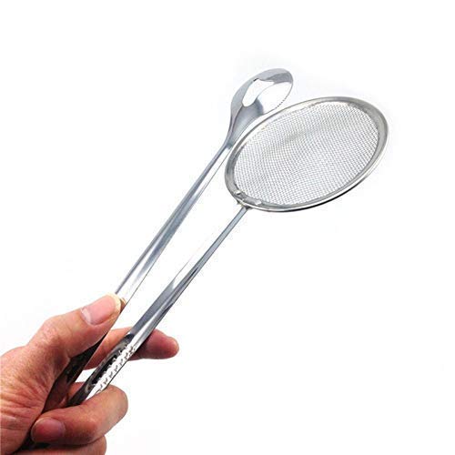 Fry Tool Filter Spoon Strainer with Clip, Oil Frying BBQ Filter Stainless Steel Mesh Strainer Kitchen Tool Collapsible Strainer (Steel Pack of 1)