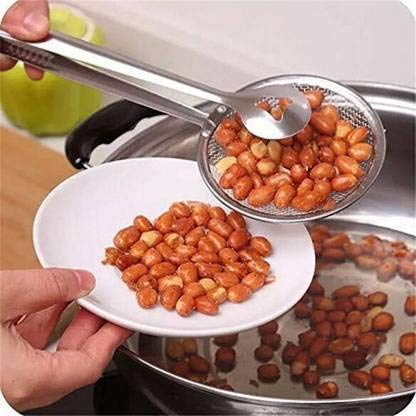 Fry Tool Filter Spoon Strainer with Clip, Oil Frying BBQ Filter Stainless Steel Mesh Strainer Kitchen Tool Collapsible Strainer (Steel Pack of 1)