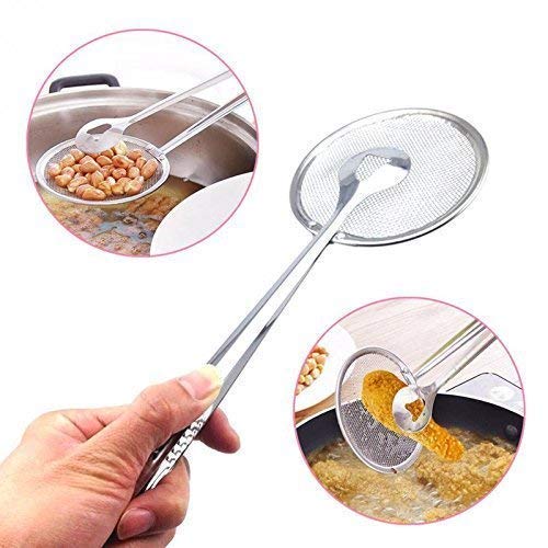 Fry Tool Filter Spoon Strainer with Clip, Oil Frying BBQ Filter Stainless Steel Mesh Strainer Kitchen Tool Collapsible Strainer (Steel Pack of 1)