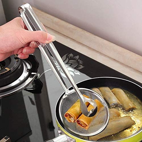 Fry Tool Filter Spoon Strainer with Clip, Oil Frying BBQ Filter Stainless Steel Mesh Strainer Kitchen Tool Collapsible Strainer (Steel Pack of 1)