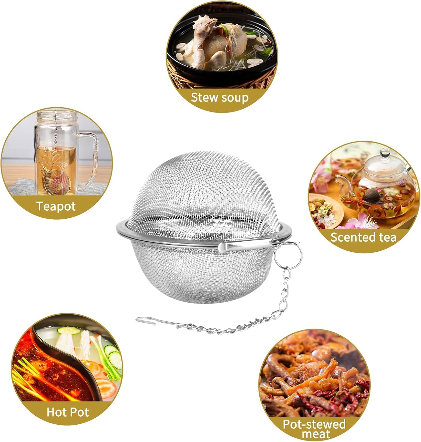 Mesh Infuser Strainer with Extended Chain Hook for Loose Leaf Tea and Spices Kitchen Tool