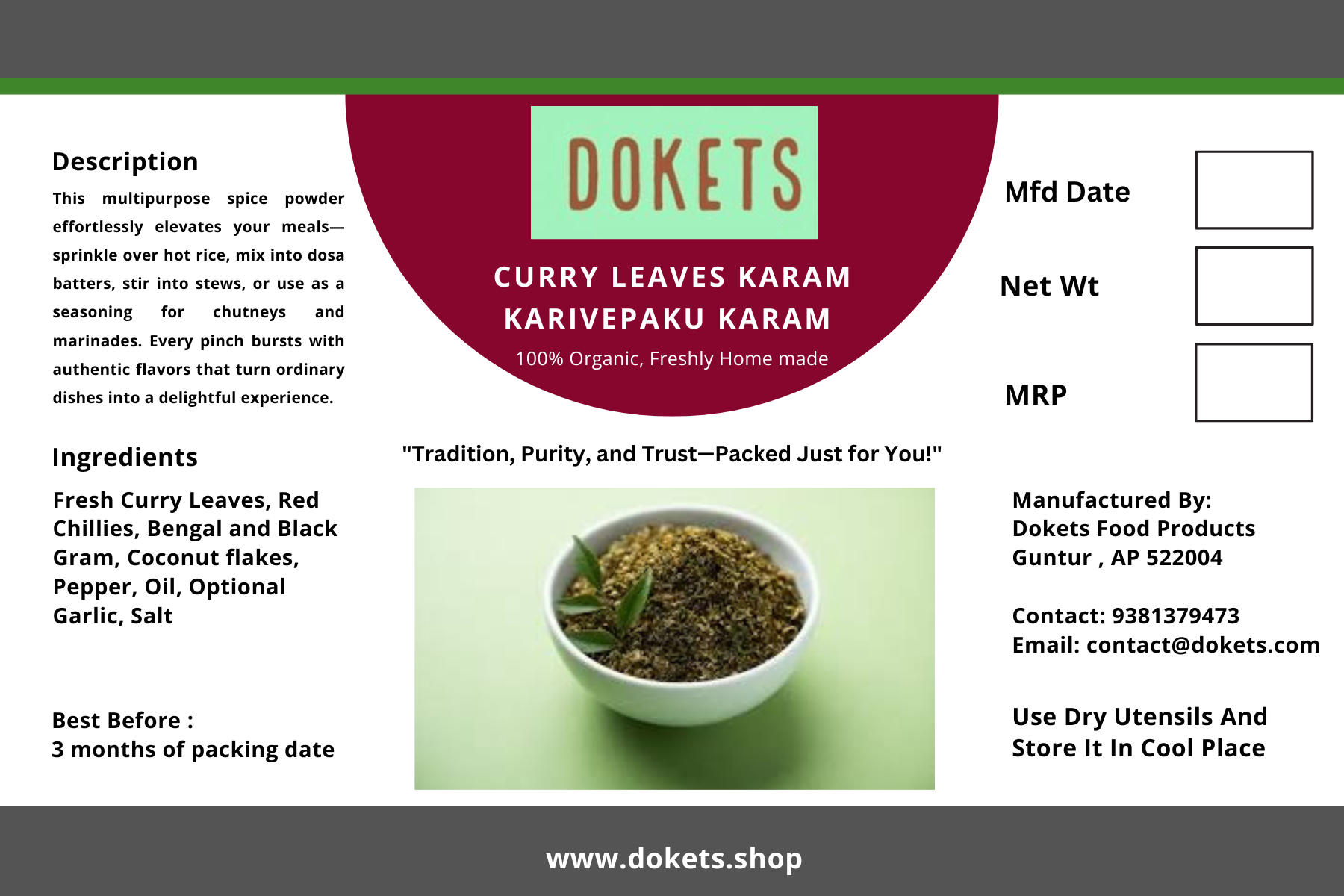 Curry Leaves Spice Powder / Karivepaku Podi