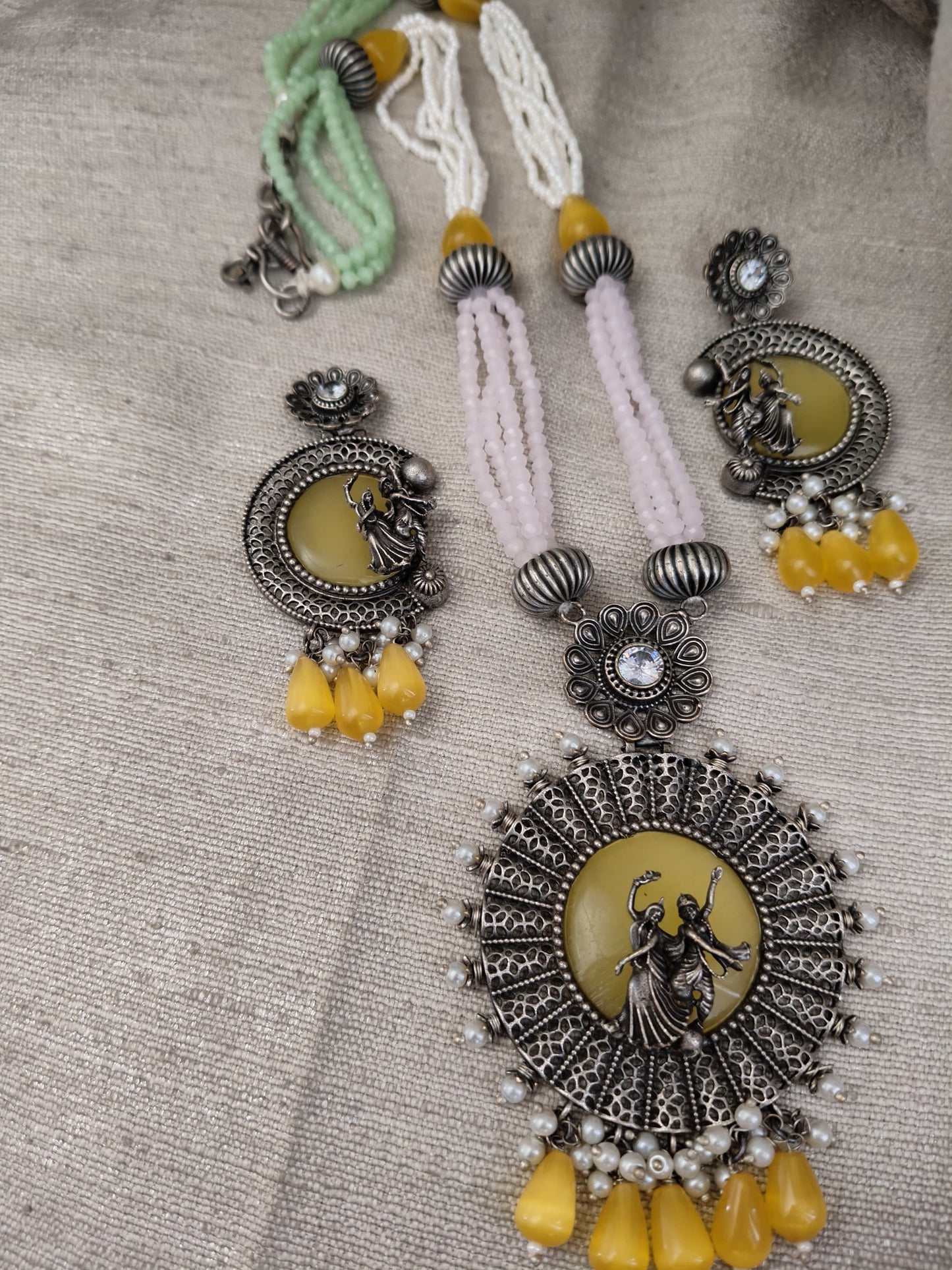 Original Silver Look A Like Radhey Krishna Long Set With Matching Ear Rings - Dokets Shop