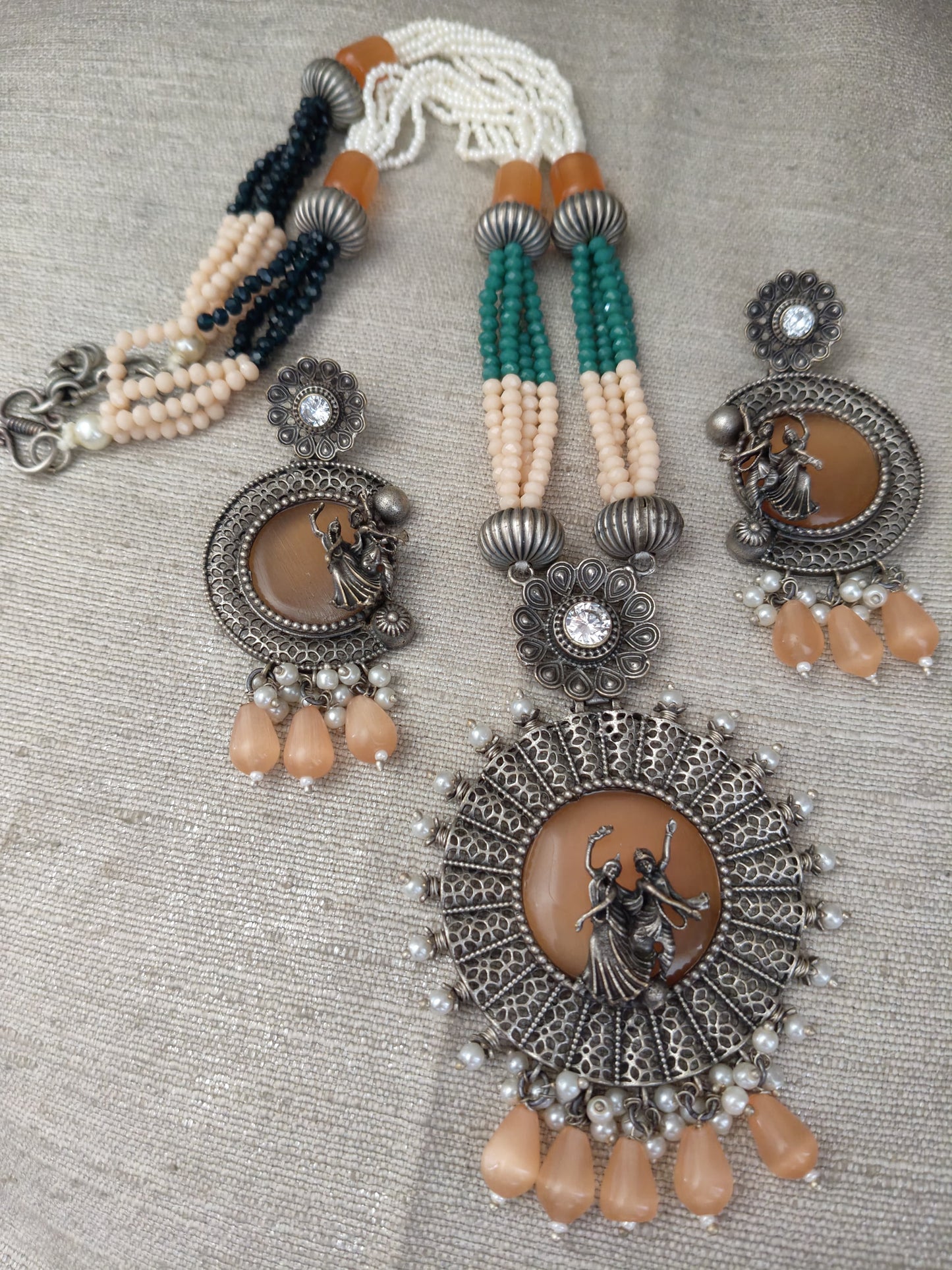 Original Silver Look A Like Radhey Krishna Long Set With Matching Ear Rings - Dokets Shop