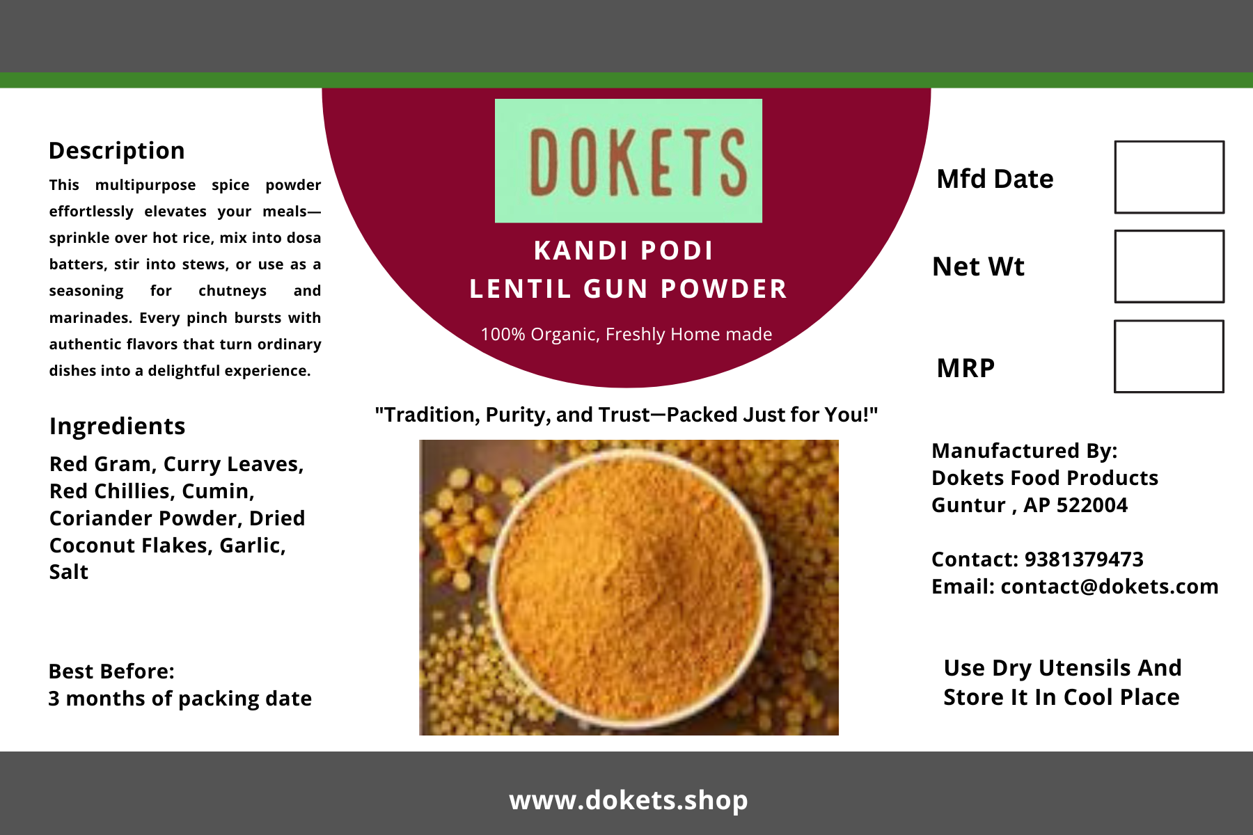 Kandi Podi / Redgram Karam Powder / Lentil Gun Powder