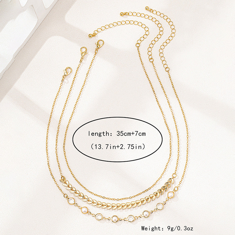 3 European and American fashion temperament simple folding style metal leaves pearl circle stitching ladies necklace suit