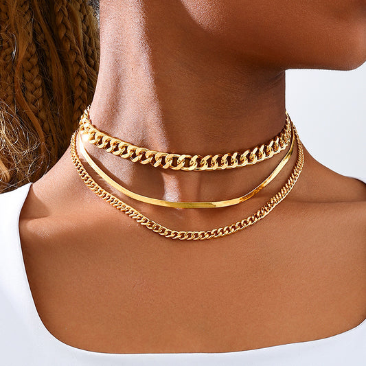 3 Fashion Punk Simple Minimalist Metal Multi-Layer Stacked Snake Bone Chain Thick Chain Women's Necklace