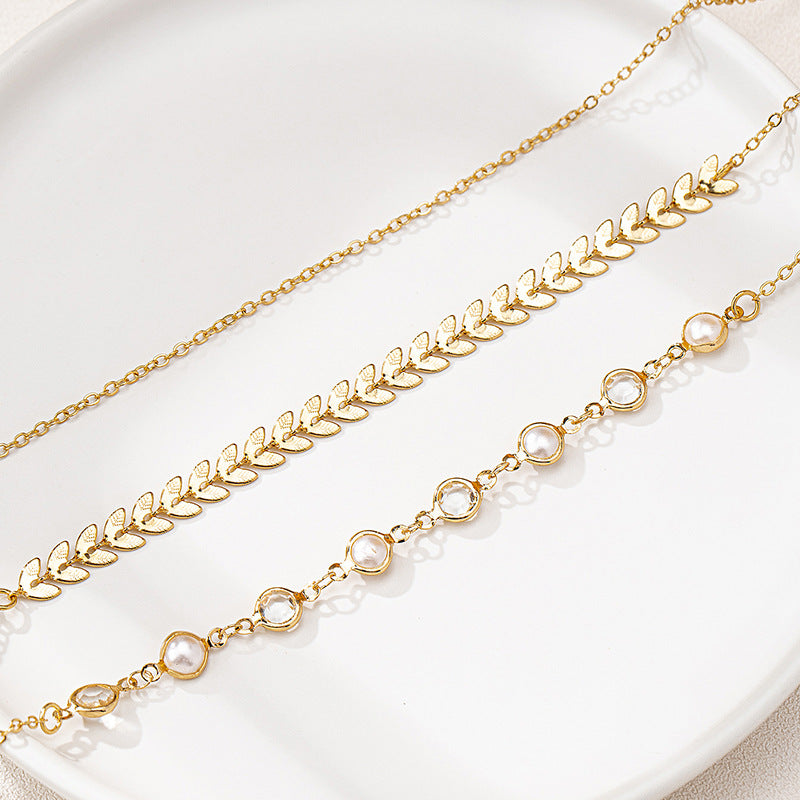 3 European and American fashion temperament simple folding style metal leaves pearl circle stitching ladies necklace suit