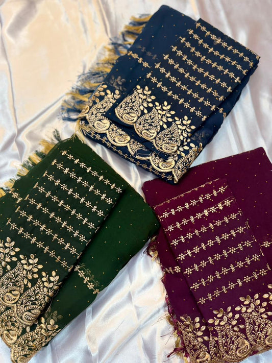 Georgette Embroidery saree with heavy zari border