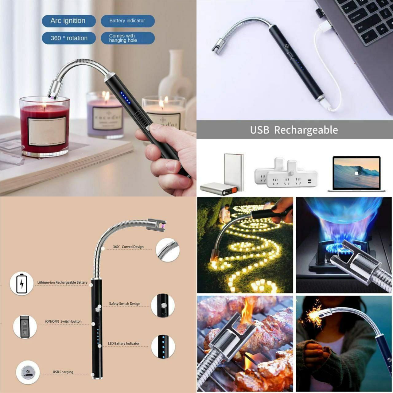 Electric (Multicolor) Rechargeable Gas & Plasma Lighter |Flameless |Windproof |USB |360 Degree |Flexible Neck Arc Lighter for Kitchen